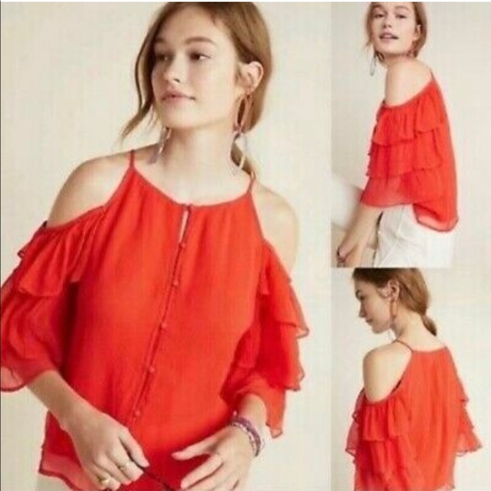 Maeve Anthropologie red chiffon cold shoulder blouse